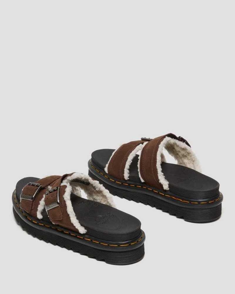 Dr Martens Myles Suede Fur-Lined Buckle Slide Sandals Platform Sandals Dark Brown | 81056EPKB