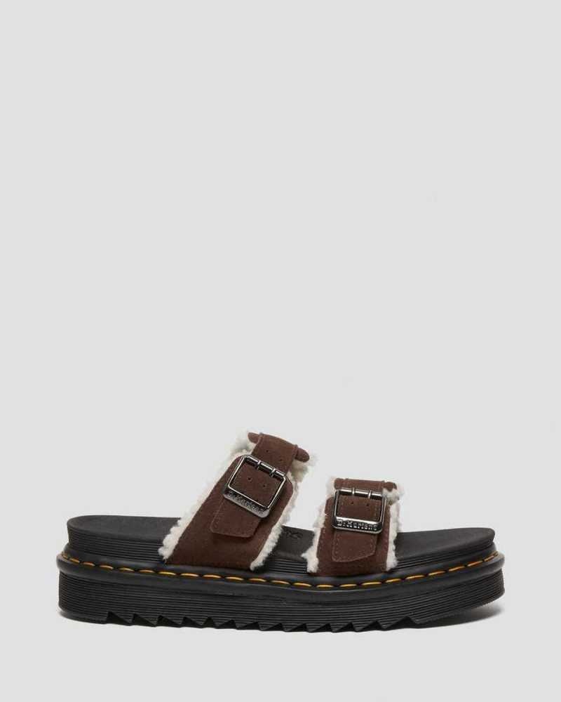 Dr Martens Myles Suede Fur-Lined Buckle Slide Sandals Platform Sandals Dark Brown | 81056EPKB