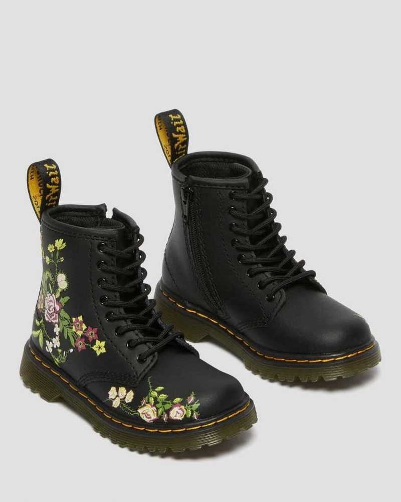 Dr Martens Toddler 1460 Floral Leather Lace Up Boots Boots Black | 92617GCLO