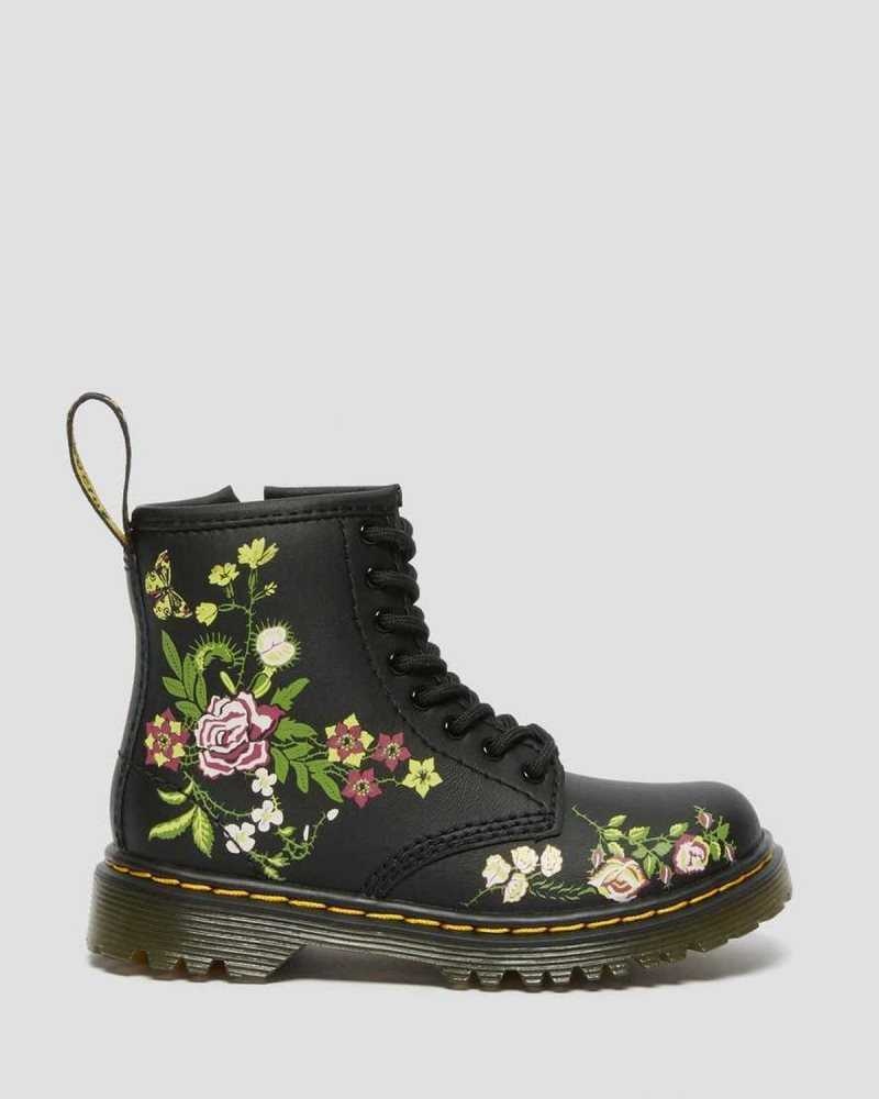 Dr Martens Toddler 1460 Floral Leather Lace Up Boots Boots Black | 92617GCLO