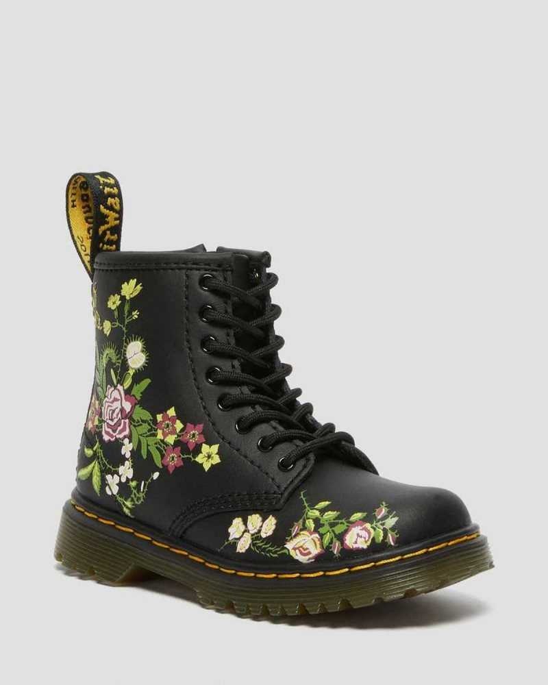 Dr Martens Toddler 1460 Floral Leather Lace Up Boots Boots Black | 92617GCLO