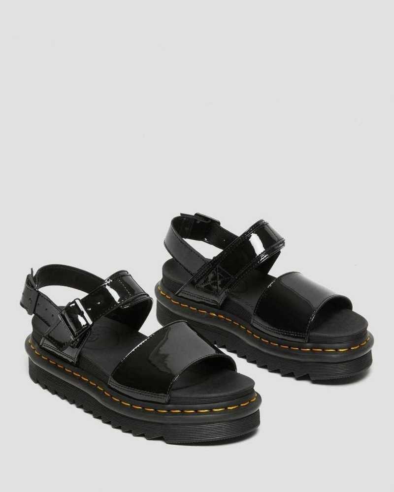 Dr Martens Voss Patent Leather Strap Sandals Platform Sandals Black | 15789RXEK